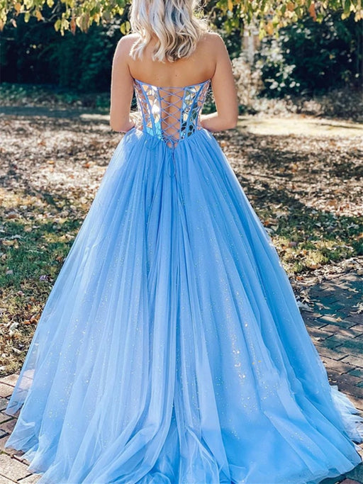 Bling Bling Strapless Sequins Blue Tulle Long Prom Dresses, Blue Tulle Formal Graduation Evening Dresses 