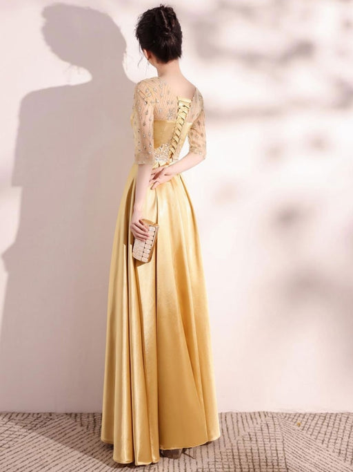 Blond Evening Dress A-Line Jewel Neck Half Sleeves Lace-up Sequined Floor-Length Social Pageant Dresses