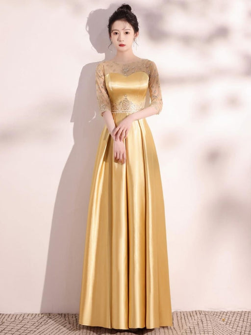 Blond Evening Dress A-Line Jewel Neck Half Sleeves Lace-up Sequined Floor-Length Social Pageant Dresses