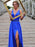 Blue A Line V Neck High Satin Long Prom Dresses, Blue Formal Dresses, Evening Dresses