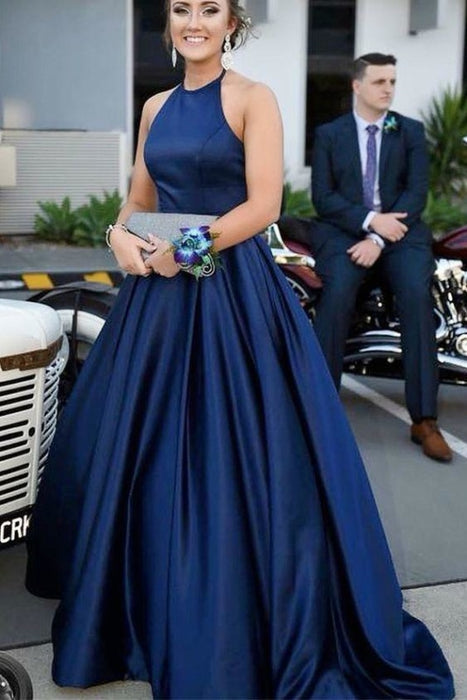 Blue Halter Satin Sleeveless Prom Dress A Line Simple Long Formal Dresses - Prom Dresses