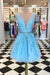 Blue Lace Beaded Sash A Line Sleeveless Tulle Short Homecoming Dresses - Prom Dresses