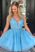 Blue Lace Beaded Sash A Line Sleeveless Tulle Short Homecoming Dresses - Prom Dresses