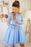 Blue Off the Shoulder Lace Appliqued Tulle Homecoming Dress with Long Sleeves - Prom Dresses