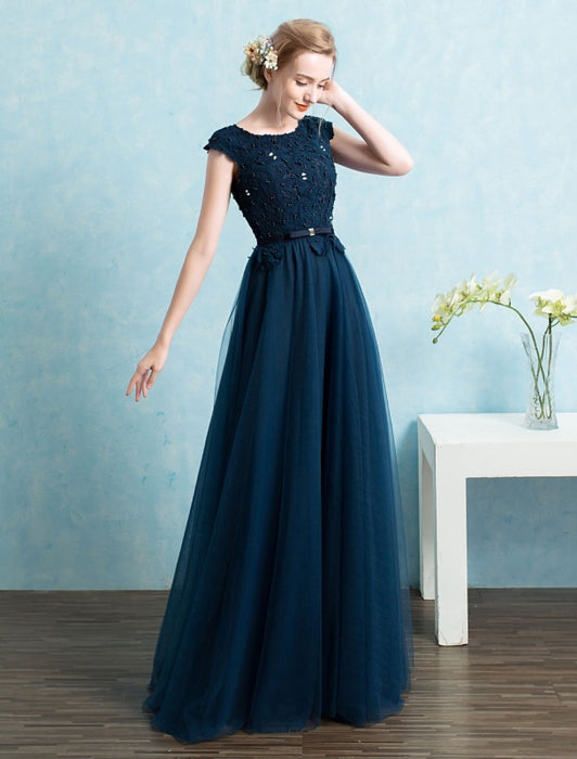 Blue Prom Dress 2021 Long Tulle Beading Evening Dresses Dark Navy Backless Floor Length Party Dresses wedding guest dress