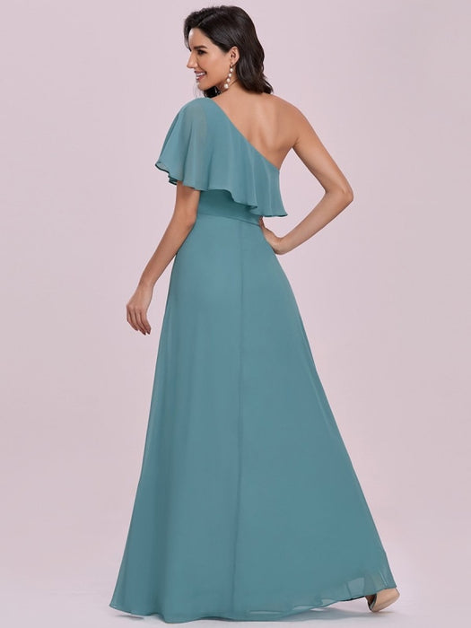 Blue Prom Dress A-Line One Shoulder Sleeveless Backless Ruffles Chiffon Evening Dresses