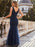 Blue Prom Dress Mermaid V-Neck Polyester Sleeveless Backless Maxi Party Dresses Evening Dress