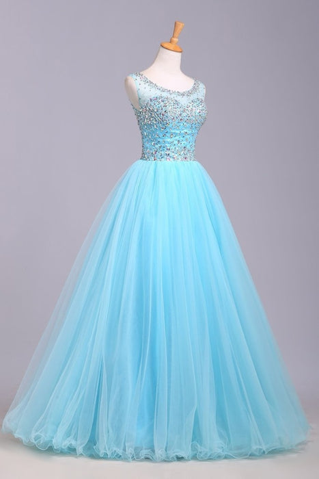 Blue Scoop Sleeveless Tulle Prom with Sequins Floor Length Puffy Evening Dress - Prom Dresses