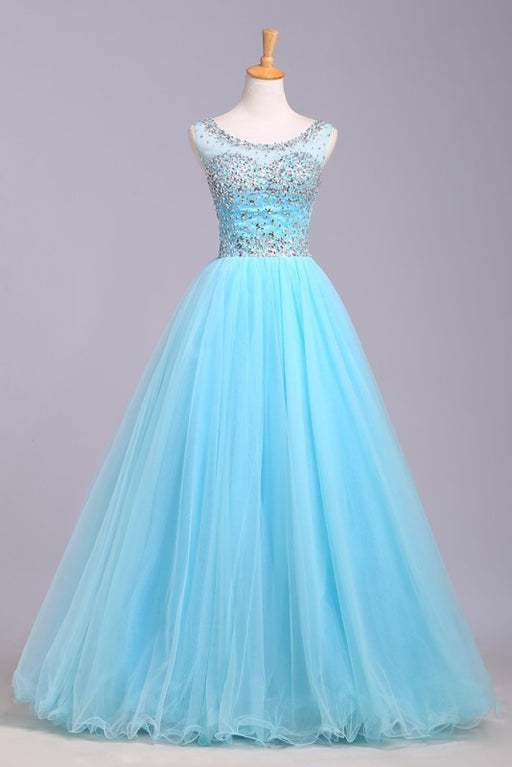 Blue Scoop Sleeveless Tulle Prom with Sequins Floor Length Puffy Evening Dress - Prom Dresses