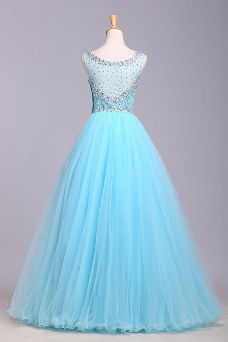 Blue Scoop Sleeveless Tulle Prom with Sequins Floor Length Puffy Evening Dress - Prom Dresses