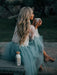 Blue Simple Wedding Dress A Line Designed Neckline Lace Tulle Bridal Gowns