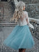 Blue Simple Wedding Dress A Line Designed Neckline Lace Tulle Bridal Gowns