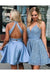 Blue Sleeveless Short Graduation Dresses Two Piece Satin Homecoming Dress with Lace - Prom Dresses