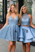 Blue Sleeveless Short Graduation Dresses Two Piece Satin Homecoming Dress with Lace - Prom Dresses