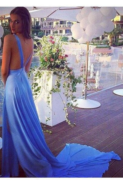 Blue Sleeveless V Neck Long Prom Dress Split Court Train Evening Dresses - Prom Dresses