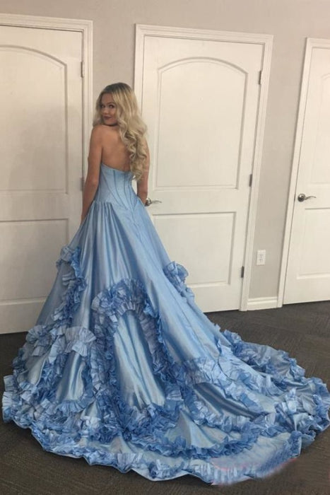 Blue Sweetheart Swirling Ruffled Prom Dress Sweep Train Special Party Dresses - Prom Dresses