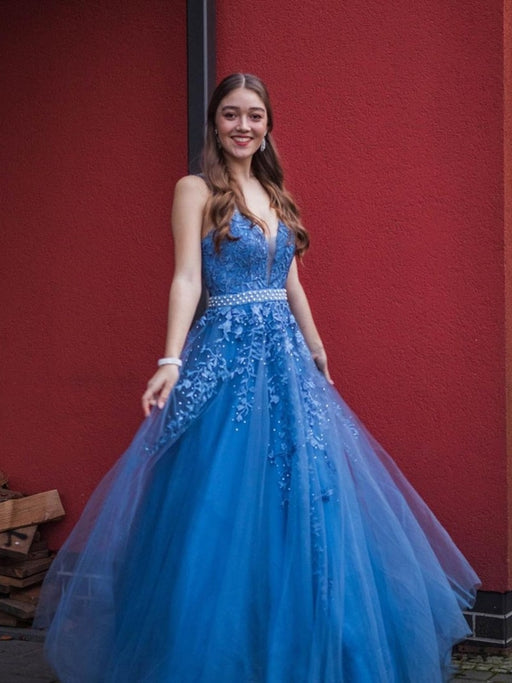 Blue V Neck Tulle Beaded Lace Appliques Long Prom Dresses with Belt, Blue Lace Formal Dresses, Blue Evening Dresses