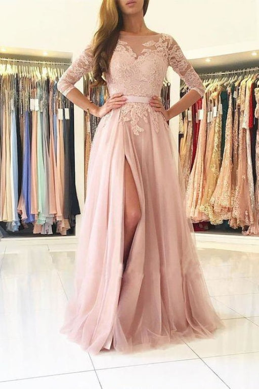 Blush Pink A-line Bateau Split Backless Lace Appliques Tulle Long Prom Dresses with Sleeves - Prom Dresses