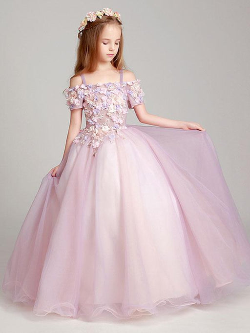 Flower Girl Dresses Blush Pink Off The Shoulder Applique Back Illusion Floor Length Kids Pageant Dresses