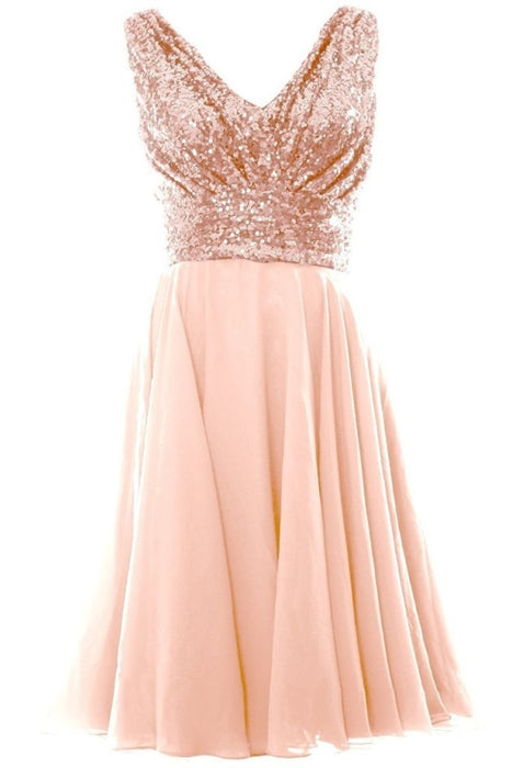 Blush Pink V Neck Sleeveless Chiffon Short Bridesmaid Dress with Rose Gold Sequins Prom Gown - Prom Dresses