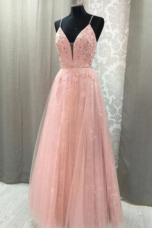 Blush V Neck Dress Rhinestone Long Prom Dresses with Appliques - Prom Dresses