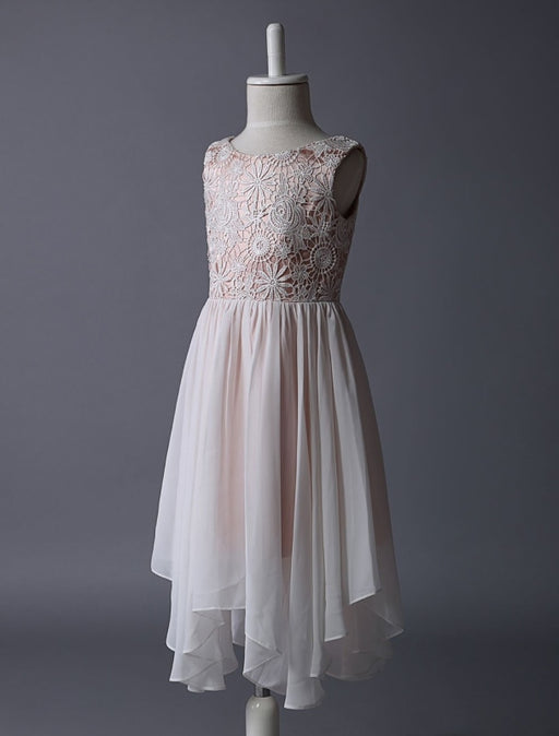 Blush Pink Flower Girl Boho Dress Tea Length Lace Chiffon Irregular Design Kids Party Dresses