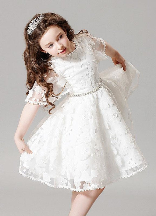 Lace Flower Girl Dress Boho Princess Ivory A-line Illusion Bell Sleeve Knee Length Pageant Dress With Jeweled Sash