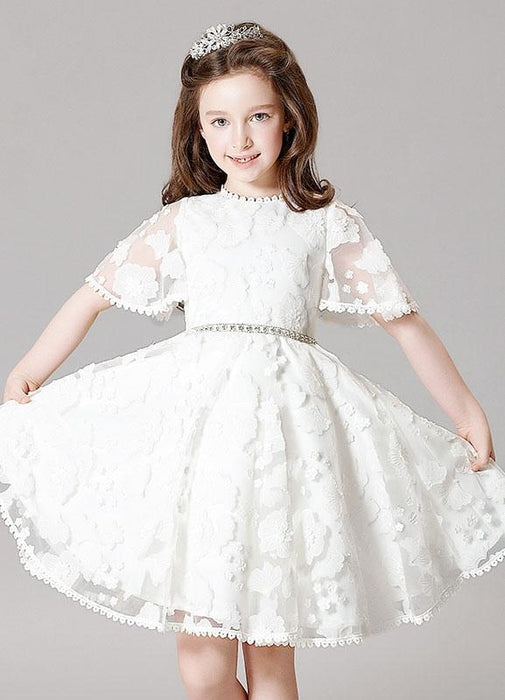 Lace Flower Girl Dress Boho Princess Ivory A-line Illusion Bell Sleeve Knee Length Pageant Dress With Jeweled Sash