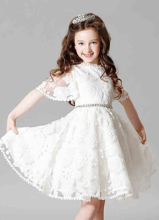 Lace Flower Girl Dress Boho Princess Ivory A-line Illusion Bell Sleeve Knee Length Pageant Dress With Jeweled Sash