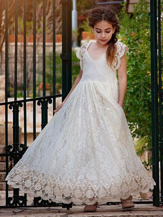 White Lace flower girl dress, Ivory lace flower girl dress, boho