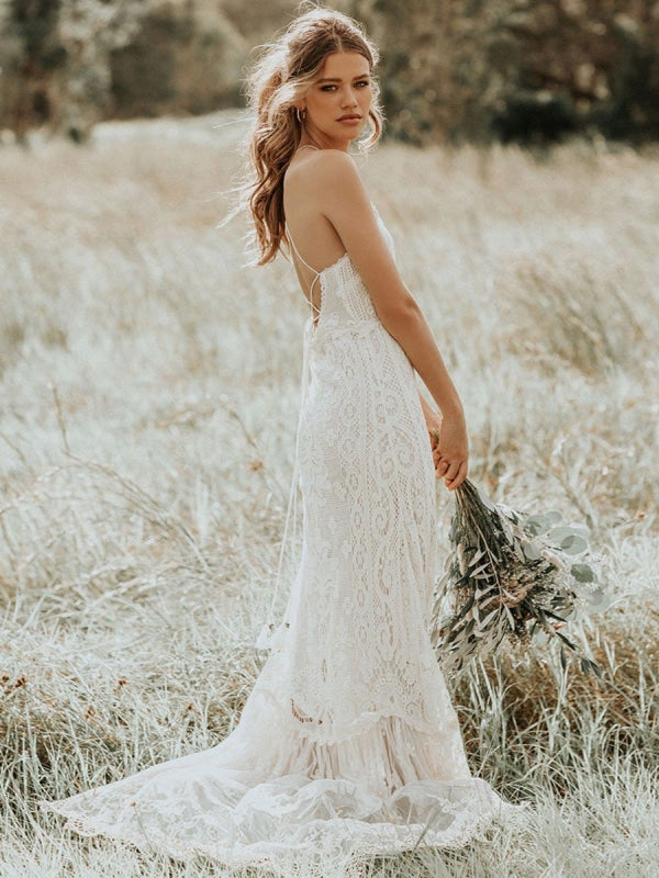 Boho wedding dress deals with train