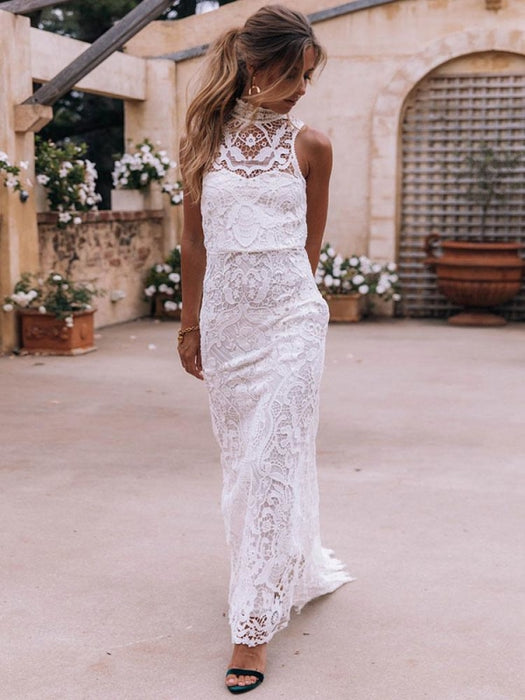 Boho Wedding Dress 2021 Sheath High Neck Sleeveless Floor Length Brida —  Bridelily