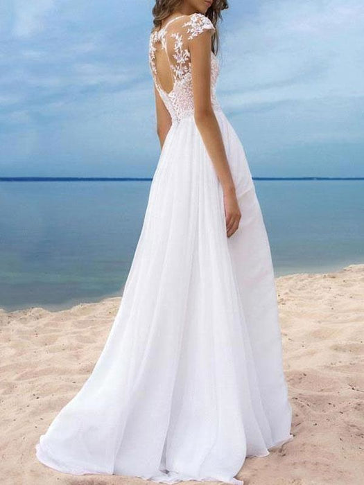 Simple Wedding Dress Chiffon V-Neck Short Sleeves Backless A-Line Long —  Bridelily