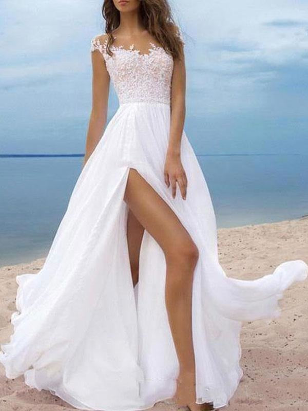 Boho Beach V Neck A Line Wedding Dress With White Lace Applique
