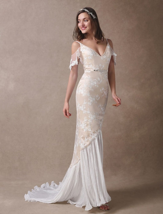 V Neck Champagne Lace Long Prom Dresses, Champagne Lace Wedding Dresse —  Bridelily