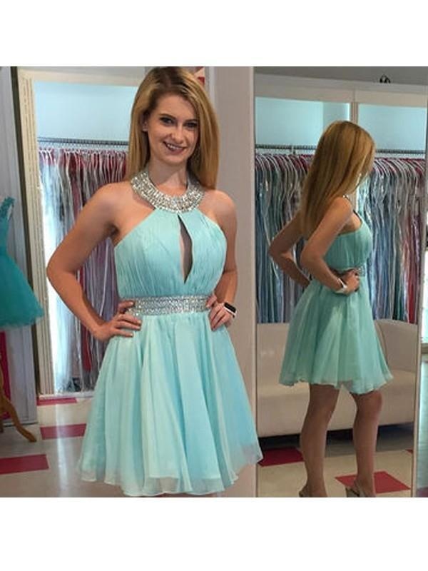 Bridelily A-Line Chiffon Halter Sleeveless Short/Mini With Beading Prom Dresses - Prom Dresses