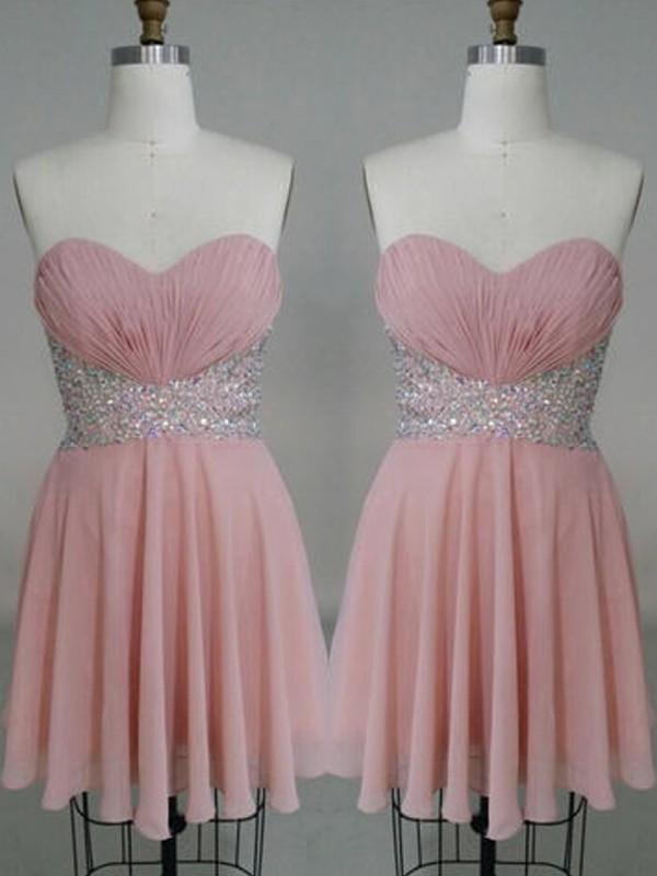 Bridelily A-Line Chiffon Sweetheart Sleeveless Short/Mini With Beading Prom Dresses - Prom Dresses