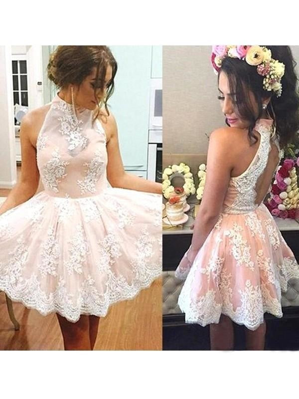 Bridelily A-Line Lace High Neck Sleeveless Short/Mini With Applique Dresses - Prom Dresses