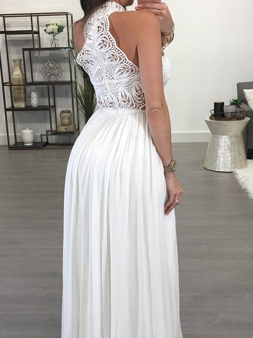 Bridelily A-Line Sleeveless Halter Floor-Length Chiffon Lace Dresses - Prom Dresses