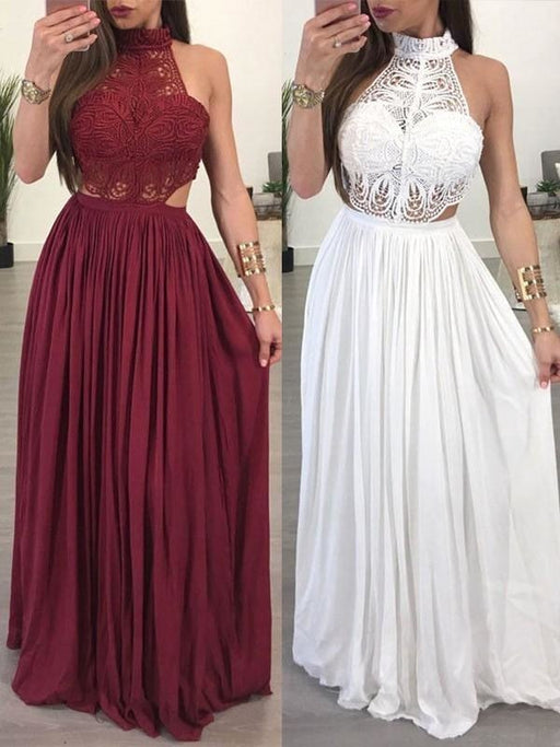 Bridelily A-Line Sleeveless Halter Floor-Length Chiffon Lace Dresses - Prom Dresses