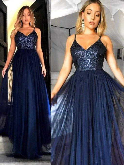 Bridelily A-Line Sleeveless Straps Floor-Length Sequin Tulle Dresses - Prom Dresses