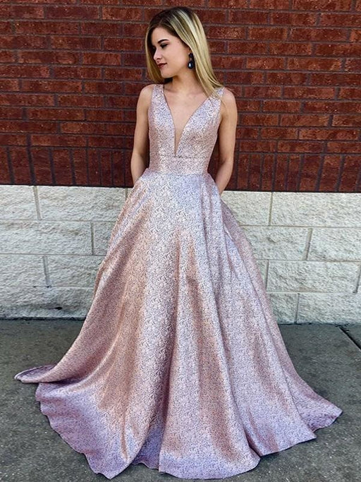 Bridelily A-Line Sleeveless V-Neck Sweep/Brush Train Sequins Dresses - Prom Dresses