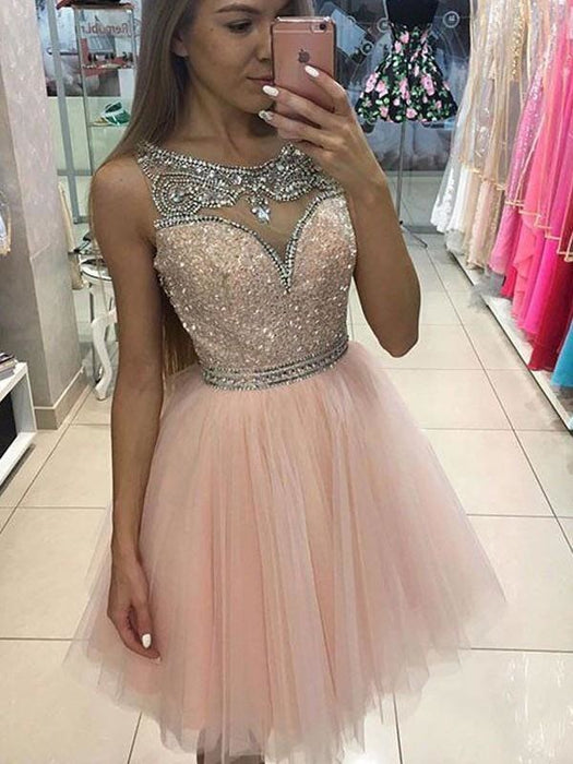 Bridelily A-Line Tulle Scoop Sleeveless Mini With Beading Prom Dresses - Prom Dresses