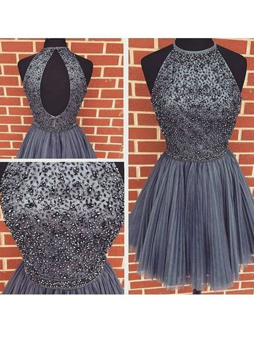 Bridelily A-Line Tulle Scoop SleevelessWith Beading Short Prom Dresses - Prom Dresses