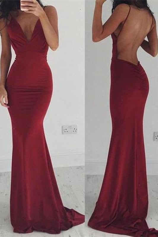 Bridelily Burgundy Spaghettis-Straps Backless Sheath Prom Dresses - Prom Dresses