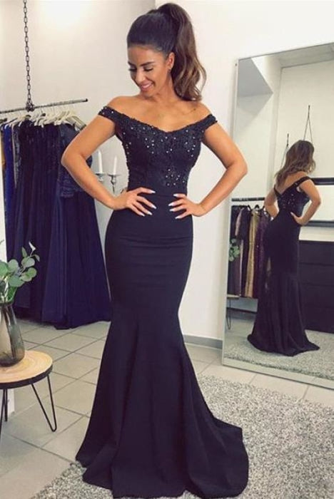 Bridelily Elegant Off-the-Shoulder Mermaid Lace Beadings Long Evening Dress - Prom Dresses