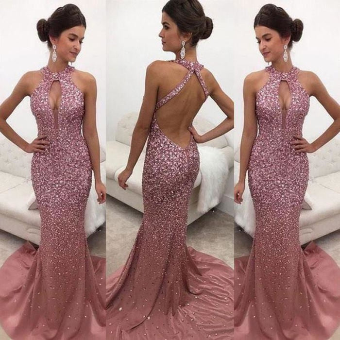 Bridelily Halter Sleeveless Backless Sweep-train Sequins Mermaid Evening Dresses - Prom Dresses