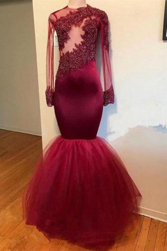 Burgundy Long Sleeves Ball Gown Wedding Dress,Women Lace