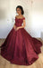 Bridelily Off-the-Shoulder Burgundy Lace Appliques Ball-Gown Evening Dress - Prom Dresses