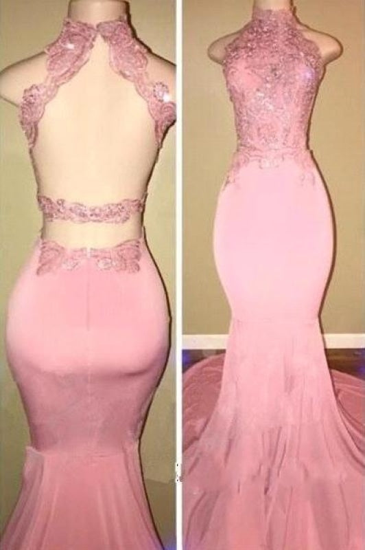 Bridelily Pink High-Neck Mermaid Open-Back Long Prom Dresses - Prom Dresses